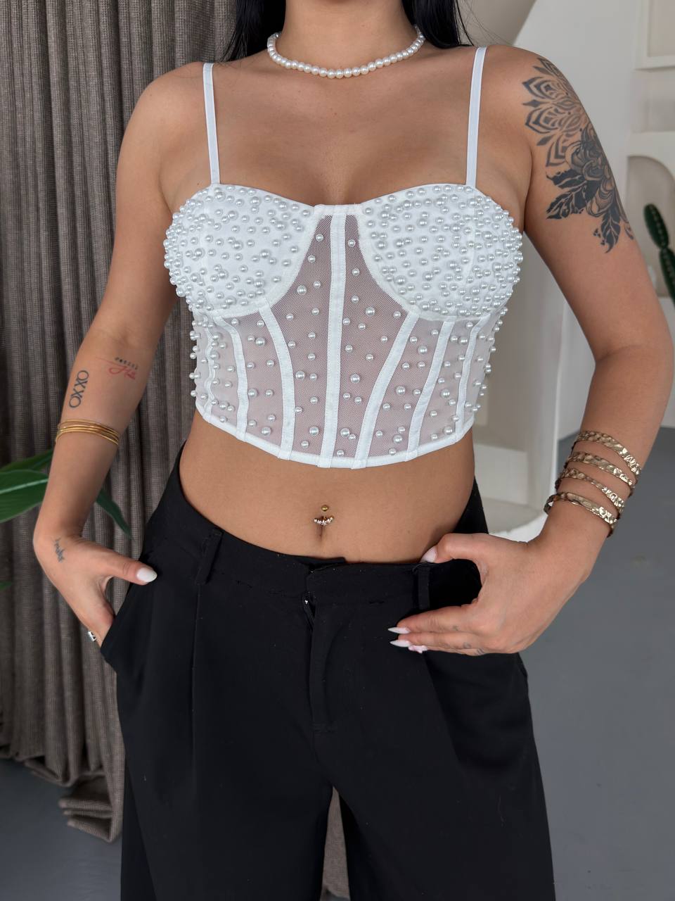 Pearl-Embellished Corset Top