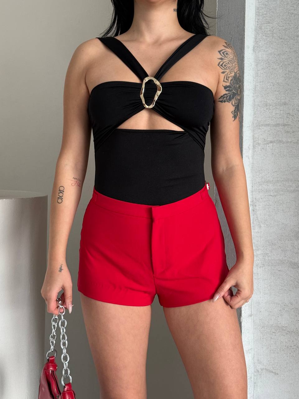 Cutout Ring-Buckle Halter Top & Red Shorts Set