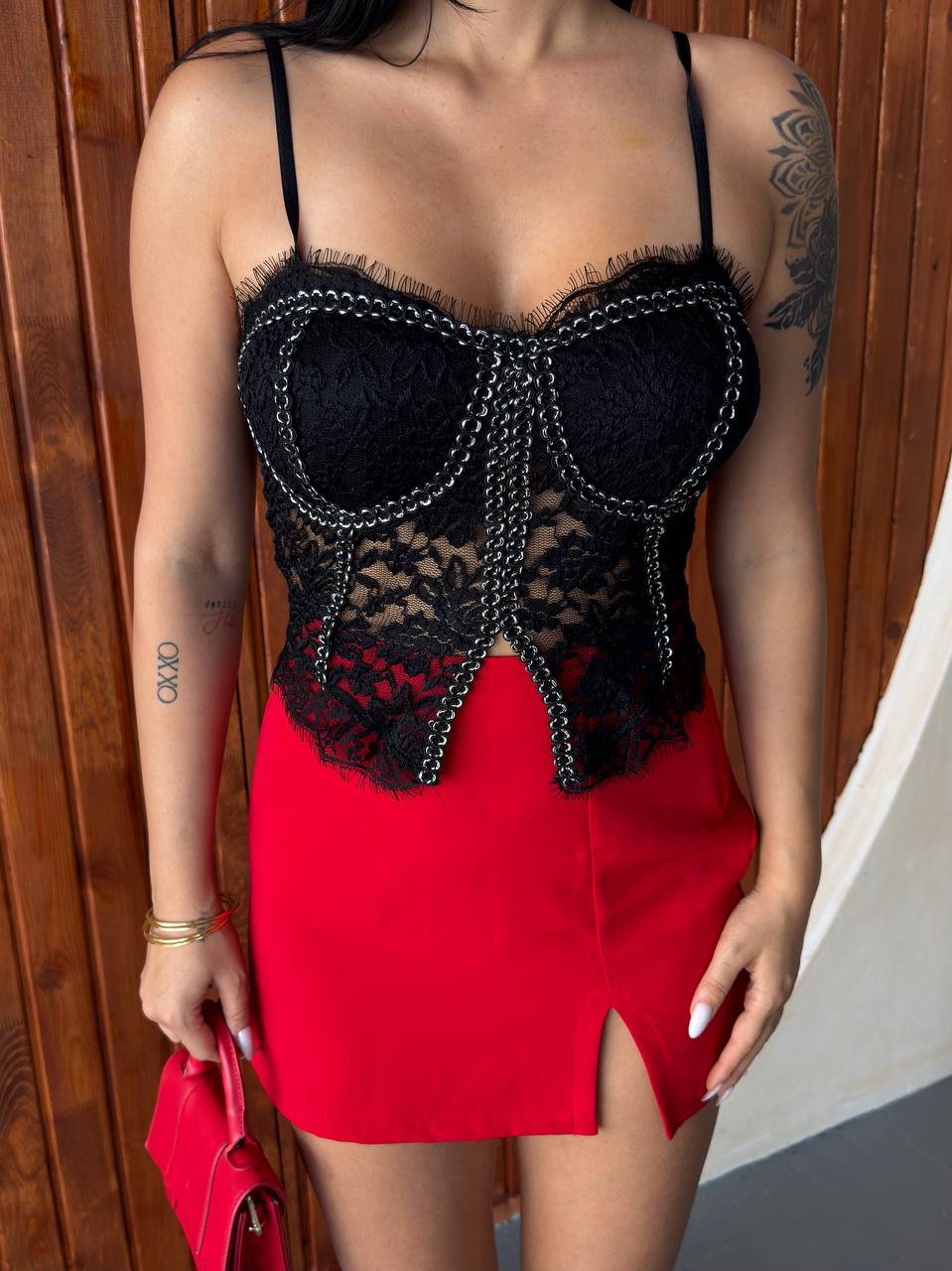 Chain-Trim Lace Bustier & Red Skirt Set