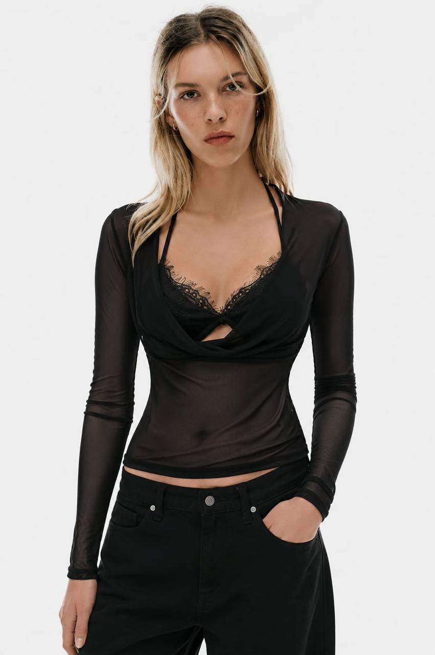 Mesh Cowl-Neck Long Sleeve Top